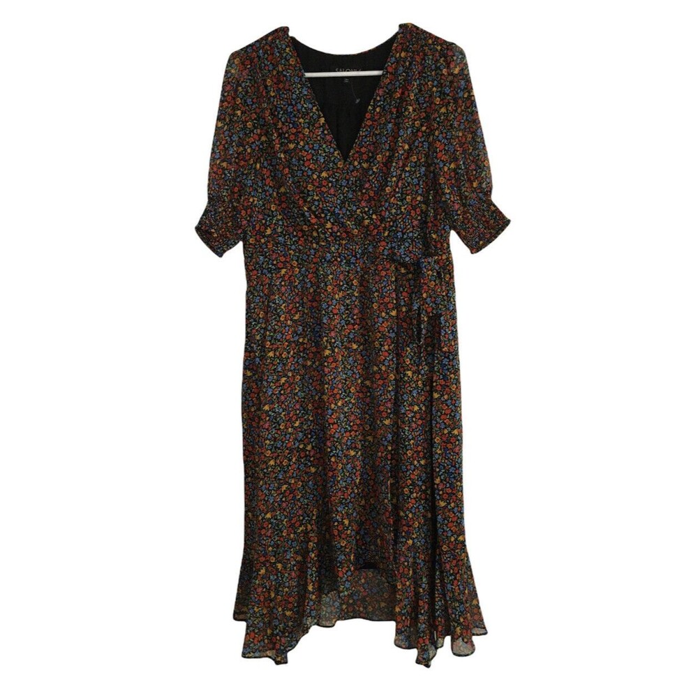 SALONI Midi Dress Floral Print Ruffle Flare Puff Sleeves Size 0 Waist Tie